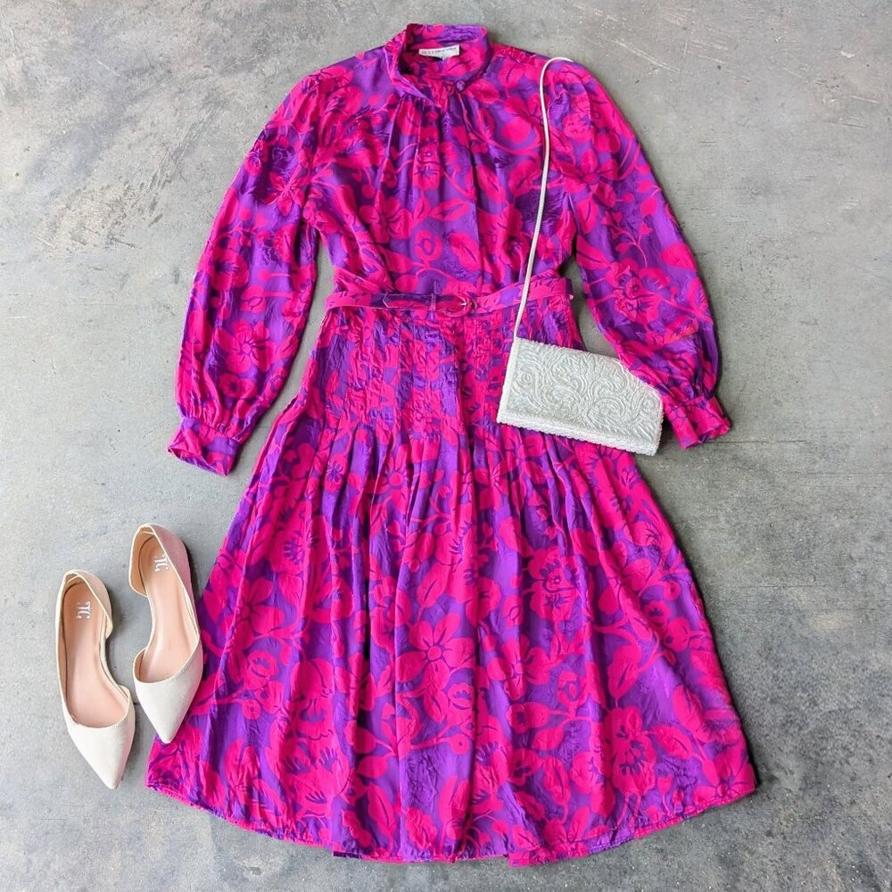 Vintage 80s Silk Raul Blanco Pink Purple Long Sleeve Midi Skirt Matching Set